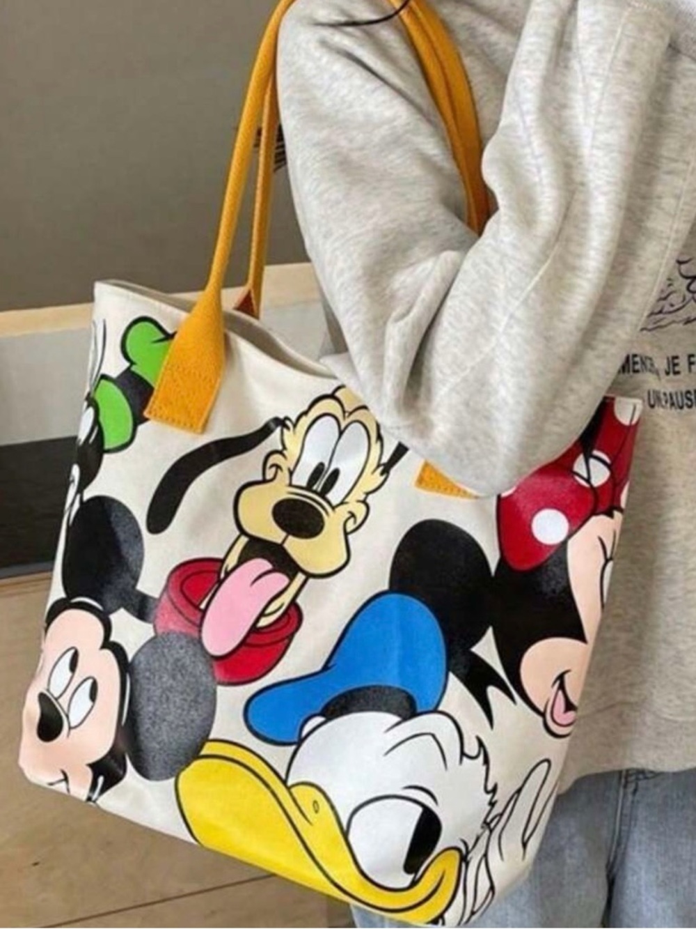 Disney Mickey & Minnie Tote Bag with Classic Characters - with yellow stripes